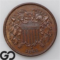 1864 Two Cent Piece, Choice Unc Bid: 130