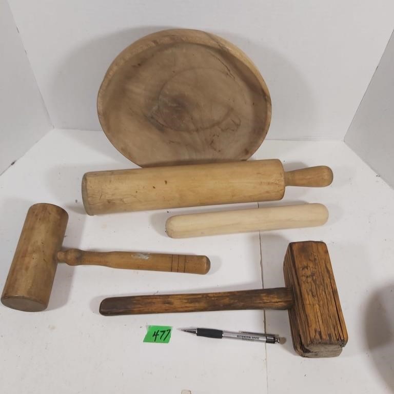4 Wooden tools Antique, & bowl