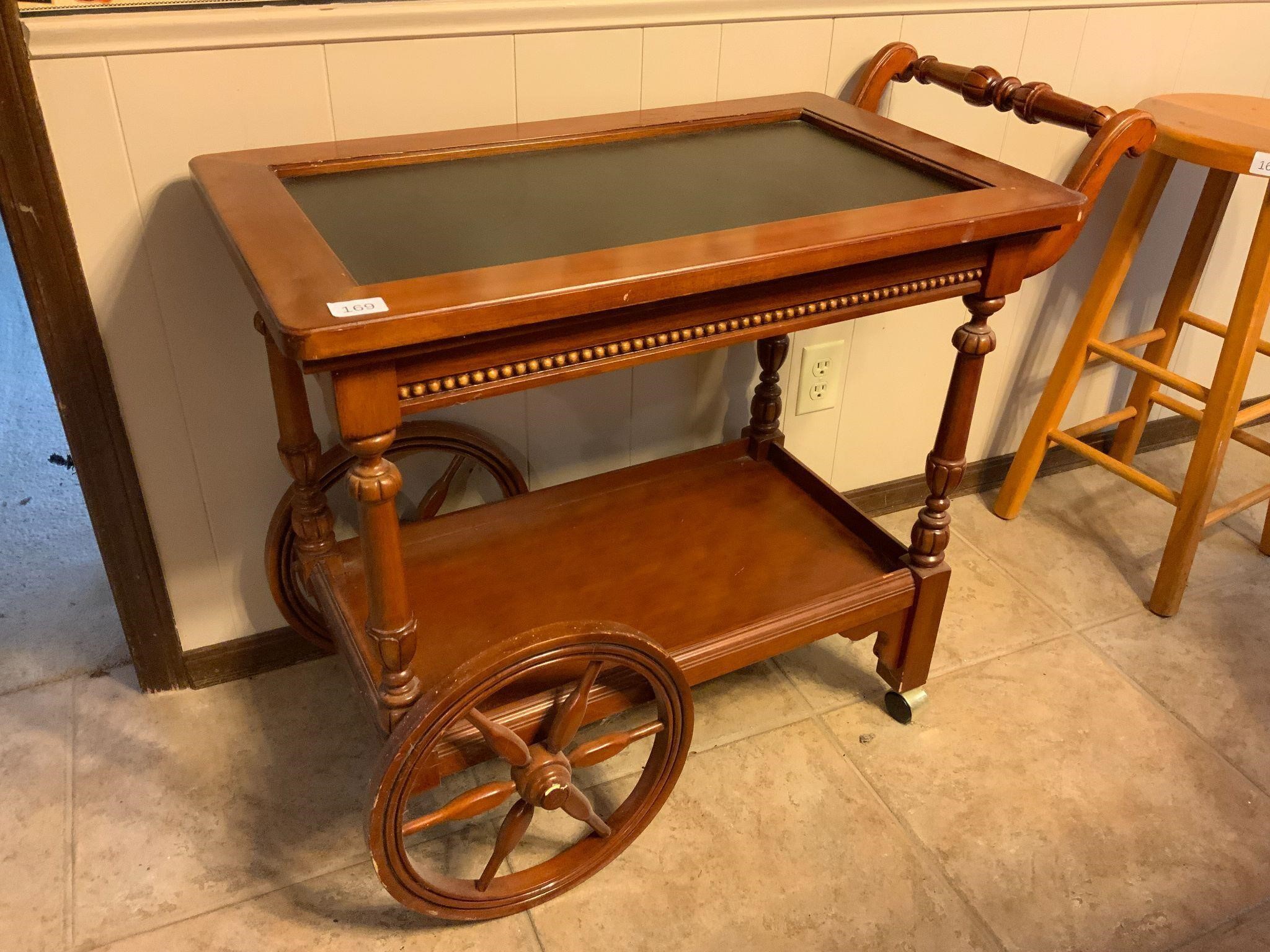Vintage Wooden Tea Bar Cart Removable Tray