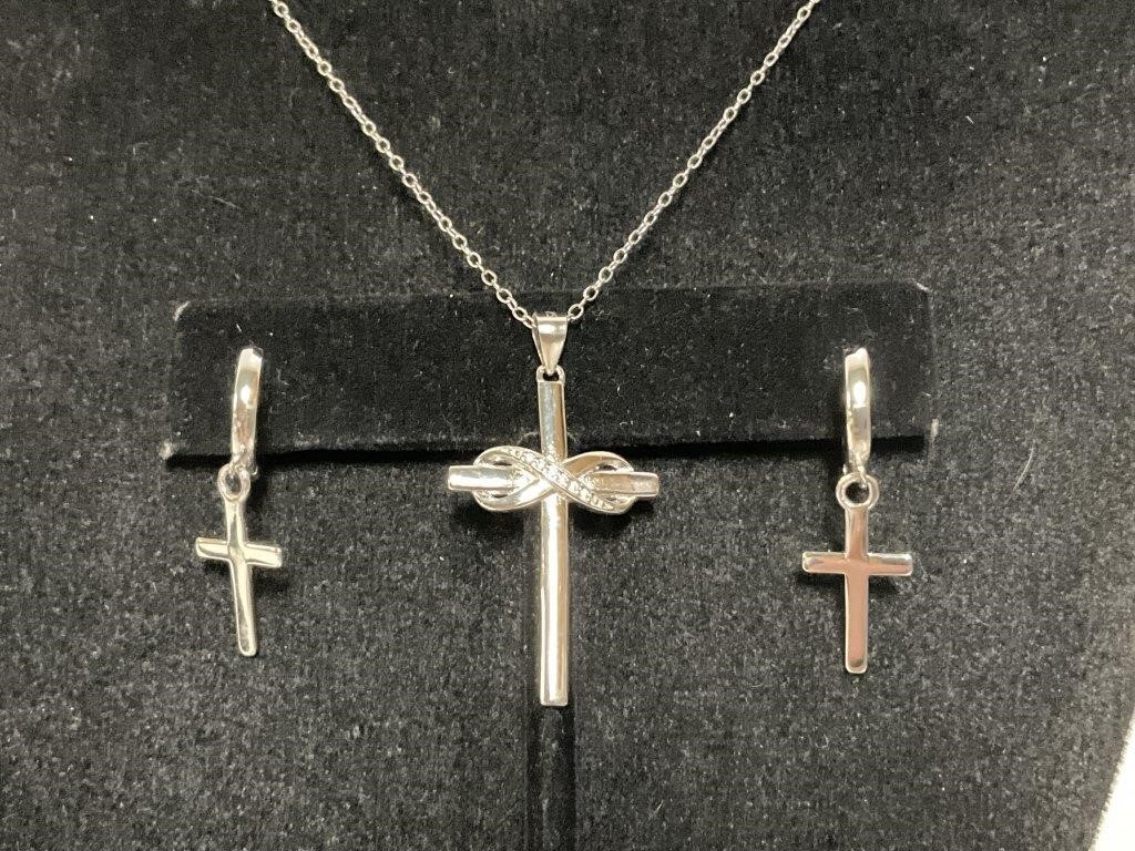 Sterling Cross Necklace & Earrings 3.8gr TW