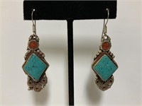 Sterling Turquoise & Coral Earrings 20.2gr TW