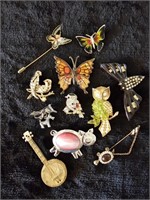 11pc Broches & Stick Pins, Costume Vintage