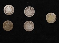 Lot Of Five Coins. 1888, 2x1854, 1883, 1853 Seated