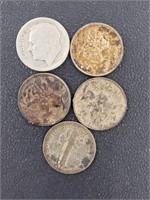 5 ASSORTED SILVER DIMES